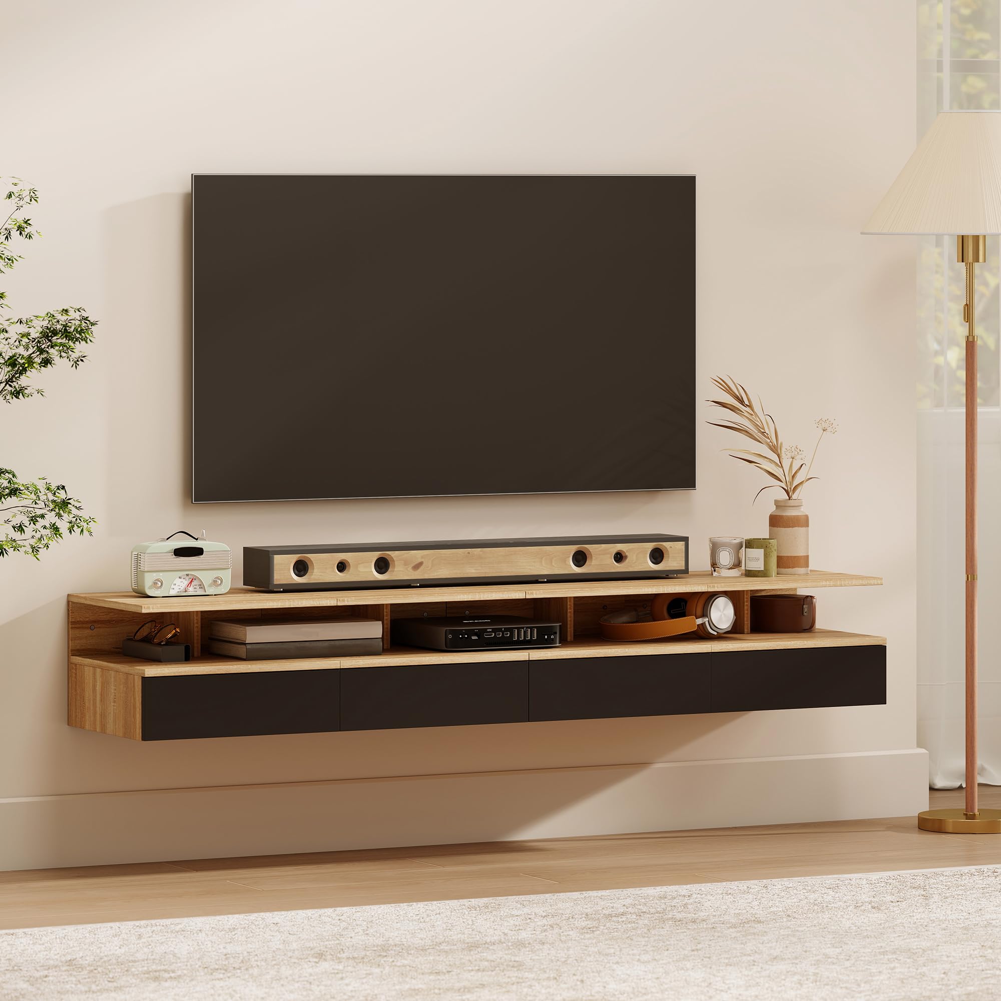 HOMCOM Set da 2 Comodini Sospesi per Camera da Letto, 2 Comodini per Camera da Letto Soggiorno, Salvaspazio Design, con Cassetto e Mensola Superiore in Legno, 35x32x22.5cm, Nero e Rovere