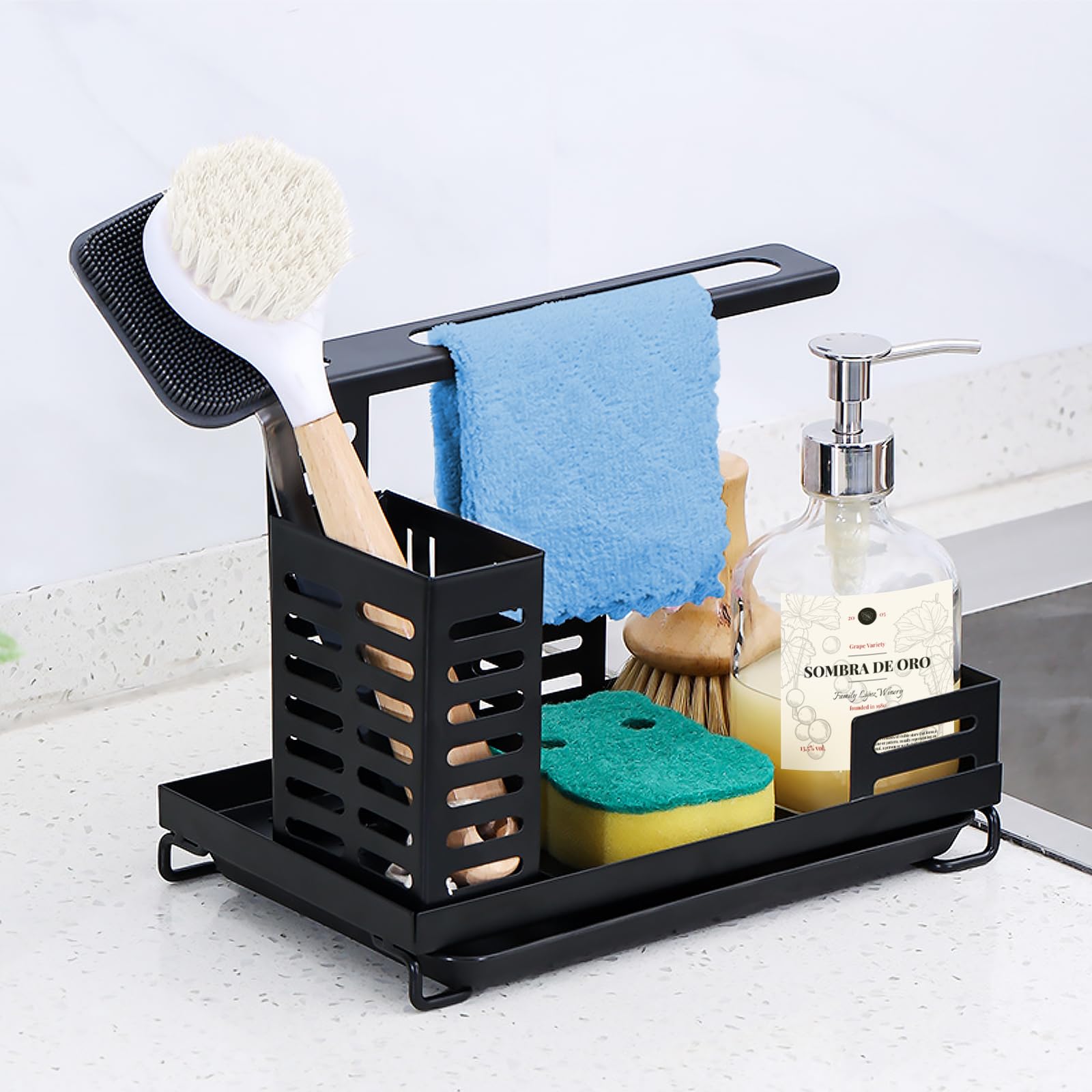 Basysnck Sink Caddy Organizer, 3-In-1 Sponge Holder for Kitchen Sink with High Brush Holder and Adjustable Dish Cloth Rack for Countertop or