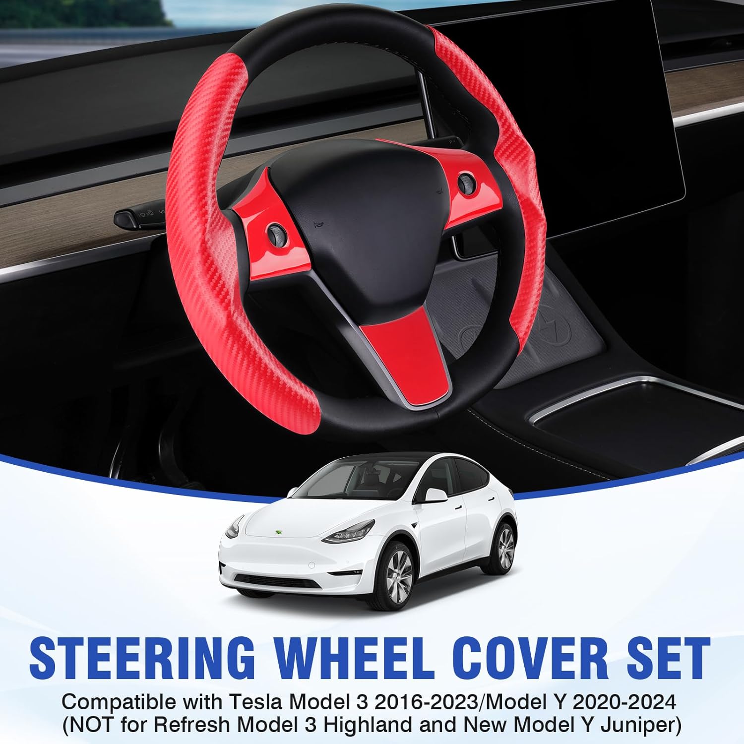 Steering Wheel Cover for Telsa Model 3/Model Y Accessories Carbon Fiber Steering Wheel Cover Protector Anti-Slip, Comfortable Grip, Breathable, Model 3/Y Accessories, Red 5PCS - Image 2