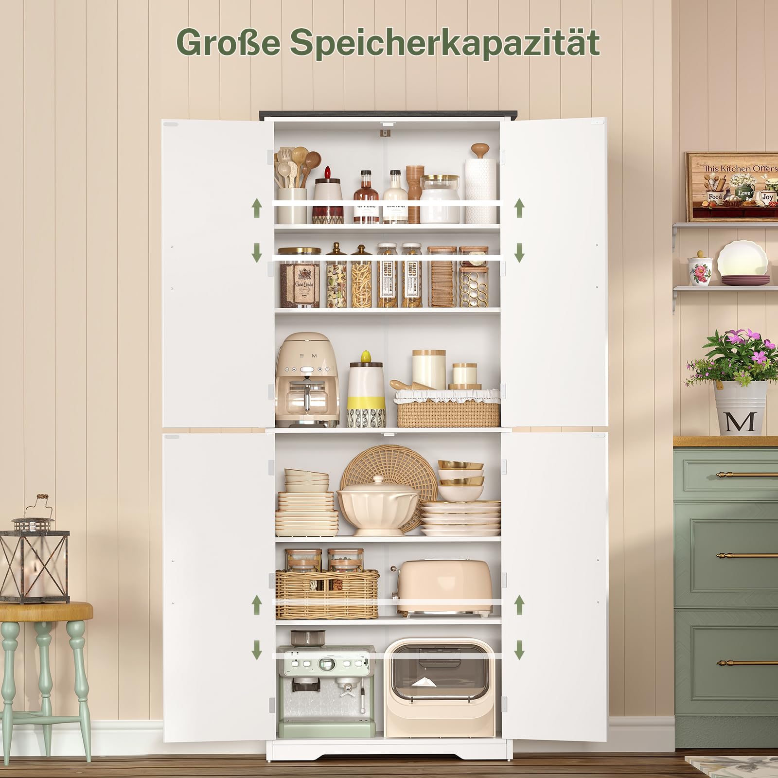 TEENFON 170 cm Küchenschrank 4 Scheunentüren, Mehrzweckschrank Hoch mit 2 Feste Regale & 2 Verstellbare Regale, Vorratsschrank für Küche, Esszimmer, Wohnzimmer, Badezimmer - 60x30x170 cm - Weiß