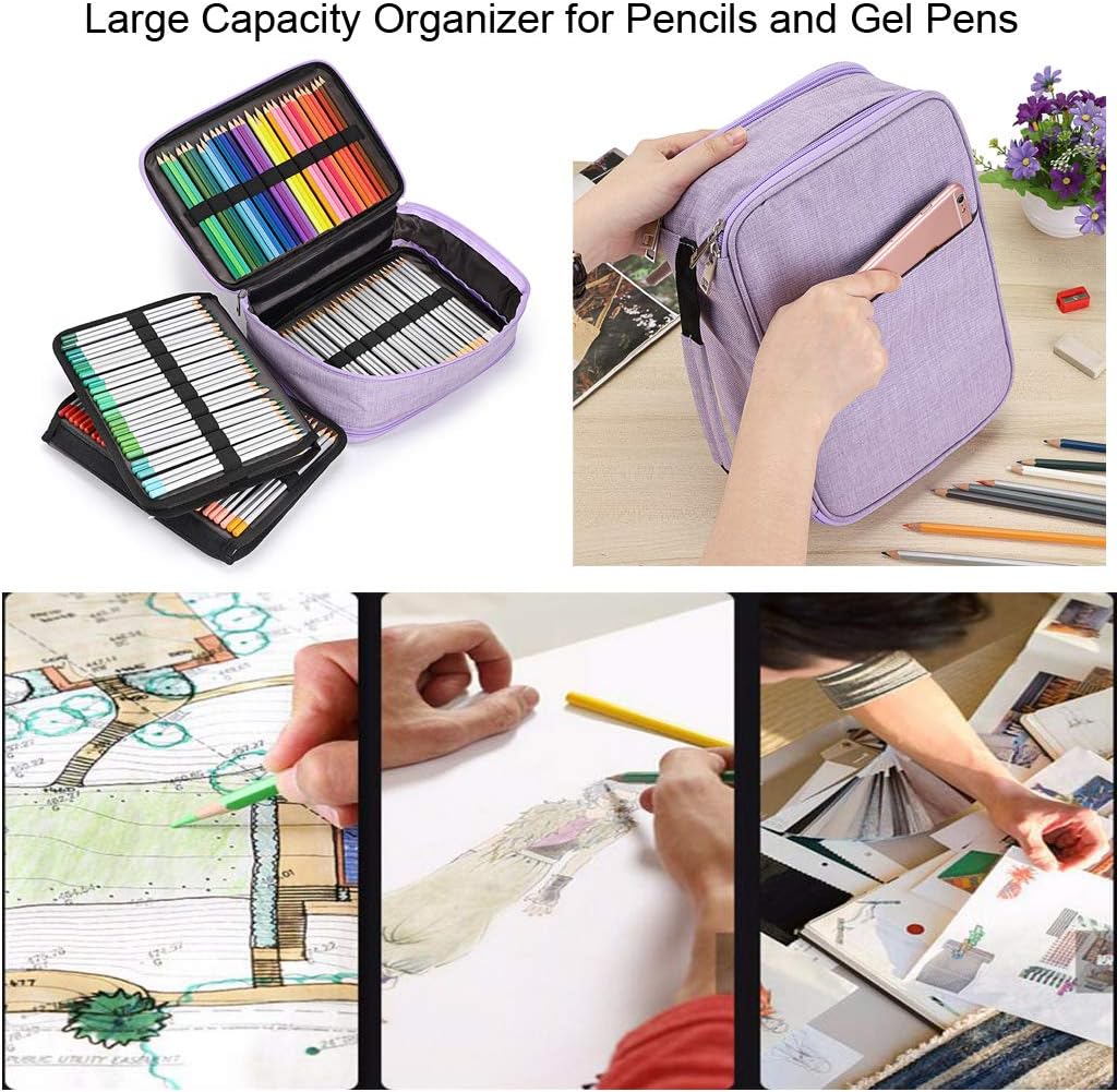 BTSKY Colored Pencil Case 300 Slots Pen Pencil Bag Organizer High Capacity Pens Holder with Double Zippers Multilayer Holder Compatible with Prismacolor Crayola Colored Pencils Watercolor Pens Purple