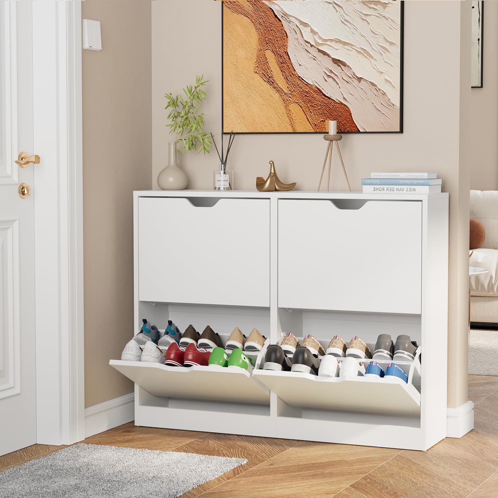 VOWNER Zapatero 4 Puertas, Zapatero Estrecho, Zapatero Entrada Recibidor, 102 x 24 x 80 cm (Largo x Ancho x Alto), Zapatero Madera, para Entrada Estrecha, Pasillo (Blanco)