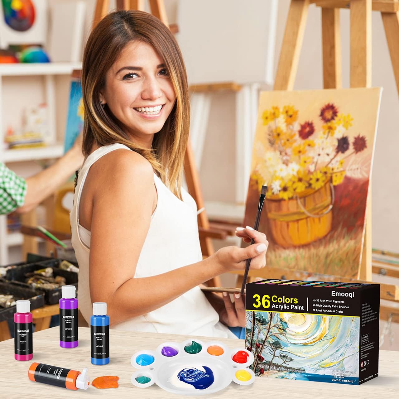Acrylic Paint Set, 2oz Bottles, Emooqi 36 Pcs Professional & Vivid Painting Supplies Set, with 6 Brushes, Palette, Scraper, Paint for Canvas, Wood, and Stones, for Artists, Students and Kids. : Arts, Crafts & Sewing
