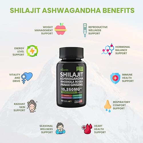 Miniatura 7 de Cápsulas de Shilajit y Ashwagandha, multivitamínico a base de hierbas 8 en 1 para hombres y mujeres, con Rhodiola Rosea, ginseng y ortiga, Shilajit