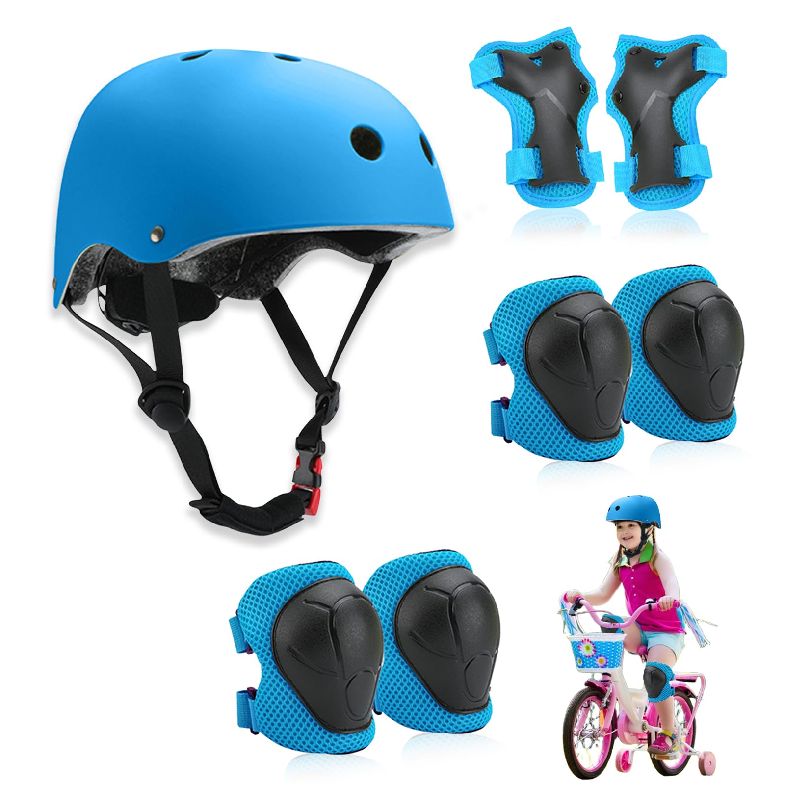 Set di Protezioni per Bambini, Conjuntos de Patinajes, traspirante e regolabile, set di ginocchiere per bambini per bicicletta, skateboard, scooter (Blu)