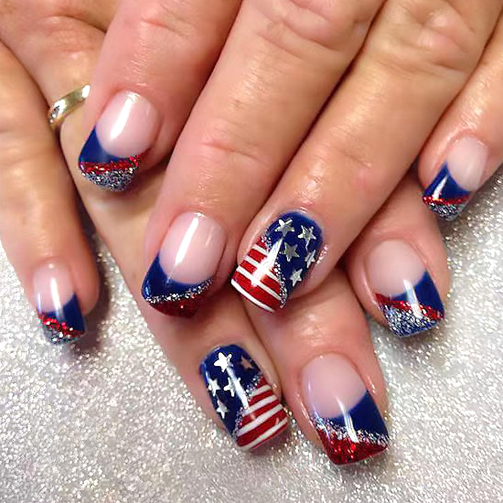 Amazon.com: 4th of July Press on Nails Medium Square Fake Nails Red Blue  White French Tip False Nails Press ons Stars Silver Glitter Glue on Nails  Glossy Artificial Independence Day for Girls