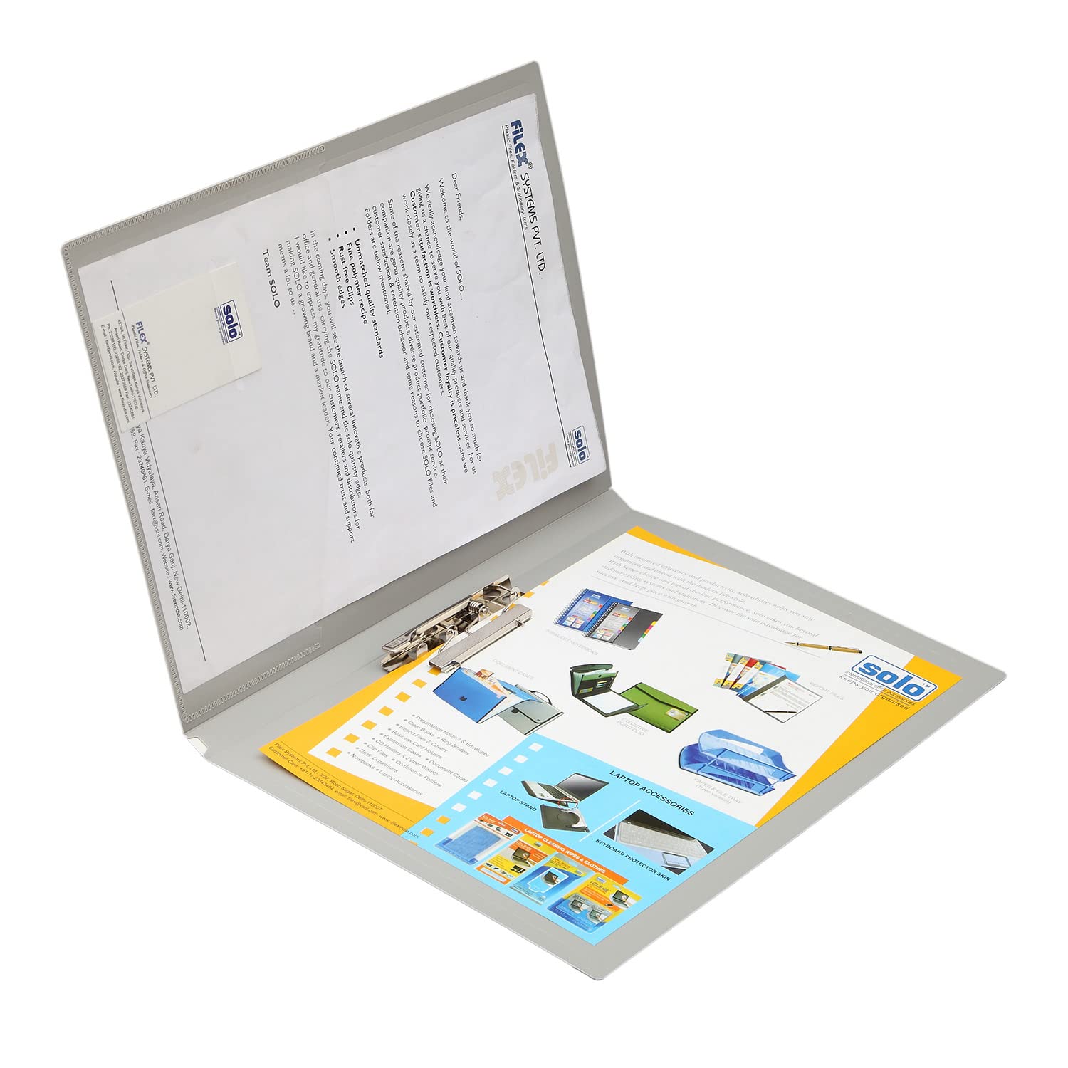 Solo FC Punchless Lever Clip File with Inside Transparent Pocket, Office Document File Folder for Papers & Projects, Display Presentation Organizer Plastic File for Certificates & Portfolio (Grey)