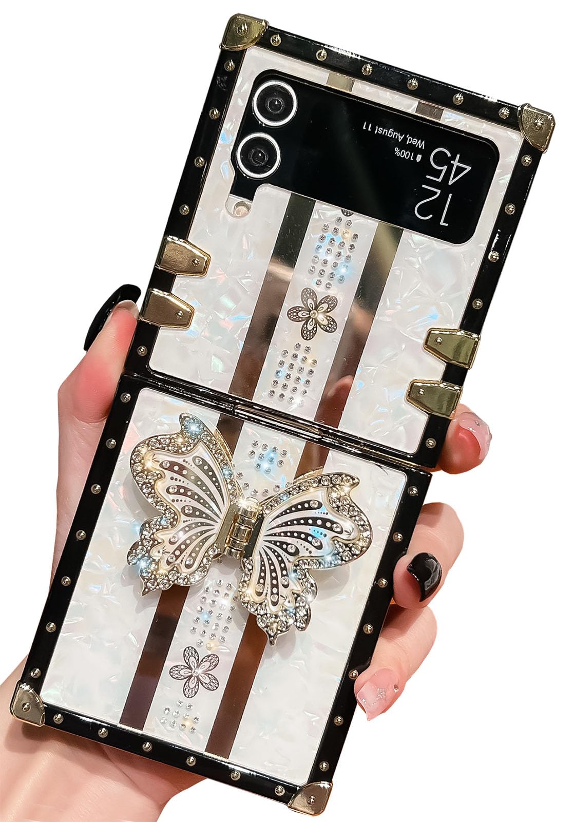 HALATUA Cute Trendy Compatible with Samsung Galaxy Z Flip 5 Case, Luxury Bling Butterfly Foldable Stand Kickstand for Women & Girls, Flexible