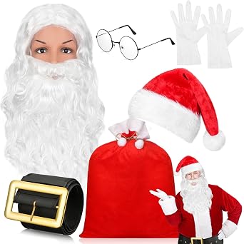 7 Pcs Santa Costume Set, Beard Wig Hat Belt Bag Gloves