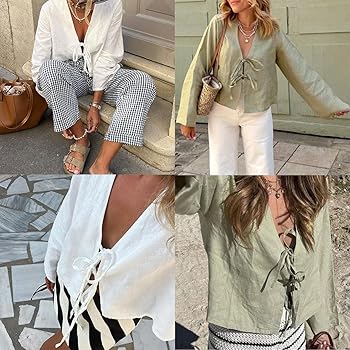 トップス echeveria viscose linenskipperworkshirts Chvity Tie Front Tops for Women Long Sleeve V Neck Linen