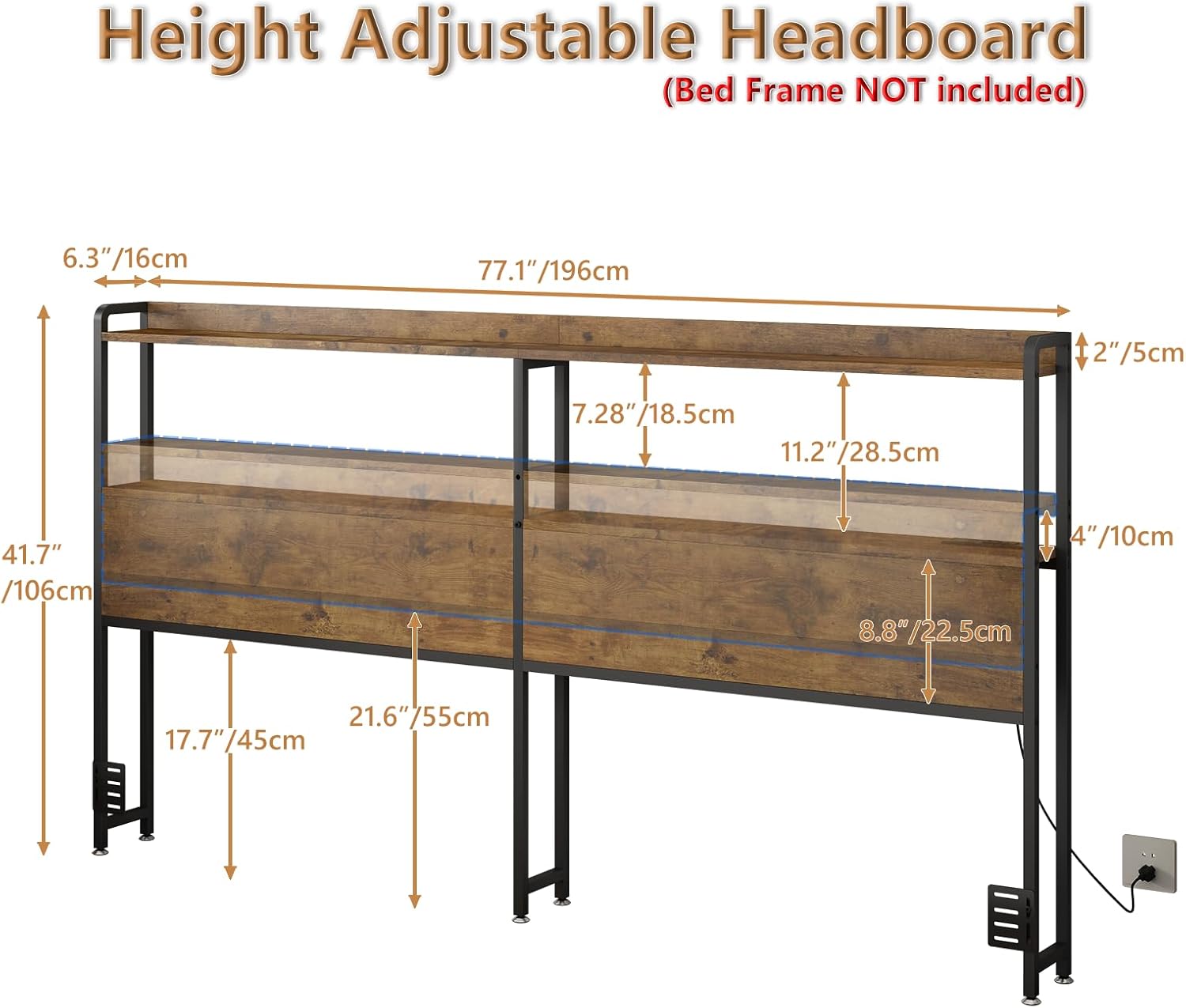 Headboard Adjustable Queen Size Headboard with Outlets, USB Ports, LED Lights Type-C, and Storage, Rustic Brown, Sturdy Bed Frame for Enhanced Comfort and Functionality, King Size