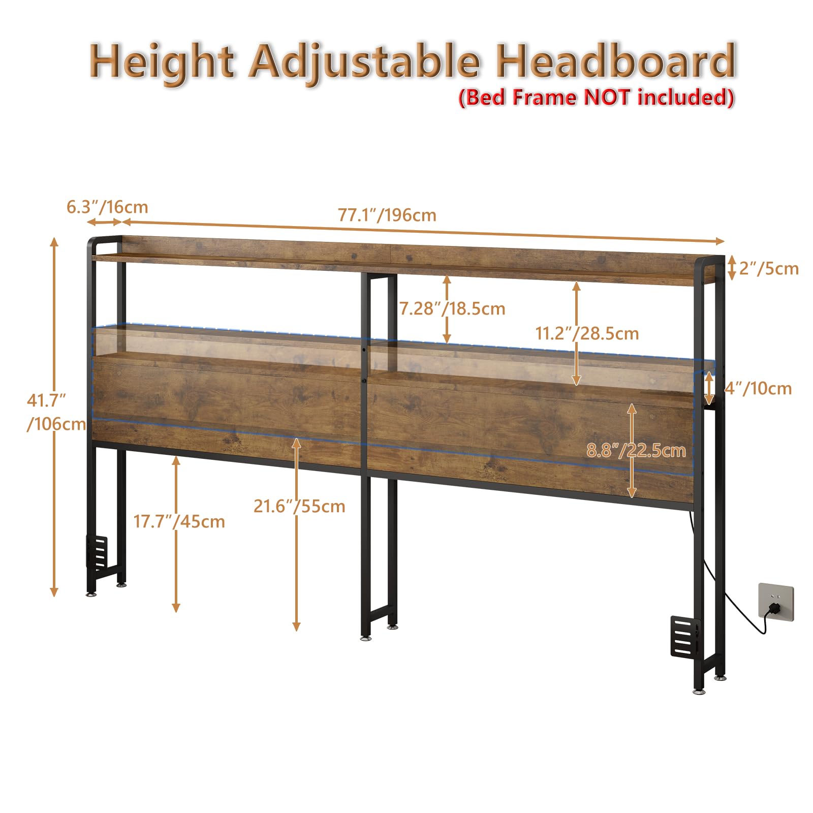 Cabecera ajustable tamaño King con tomas, puertos USB, tipo C, luces LED y almacenamiento, color marrón rústico, cabecera resistente para mayor comodidad y funcionalidad, tamaño King 2
