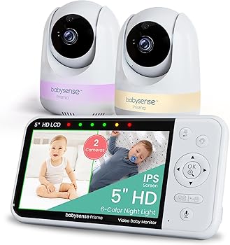 Babysense Prisma Babyphone mit 2 Kameras und Audio, 5" HD-Video-Babyphone, 6-Farben-Nachtlicht, geteilter Bildschirm, Baby-Sound-Maschine mit weißem Rauschen & Schlafliedern, sicher ohne WiFi