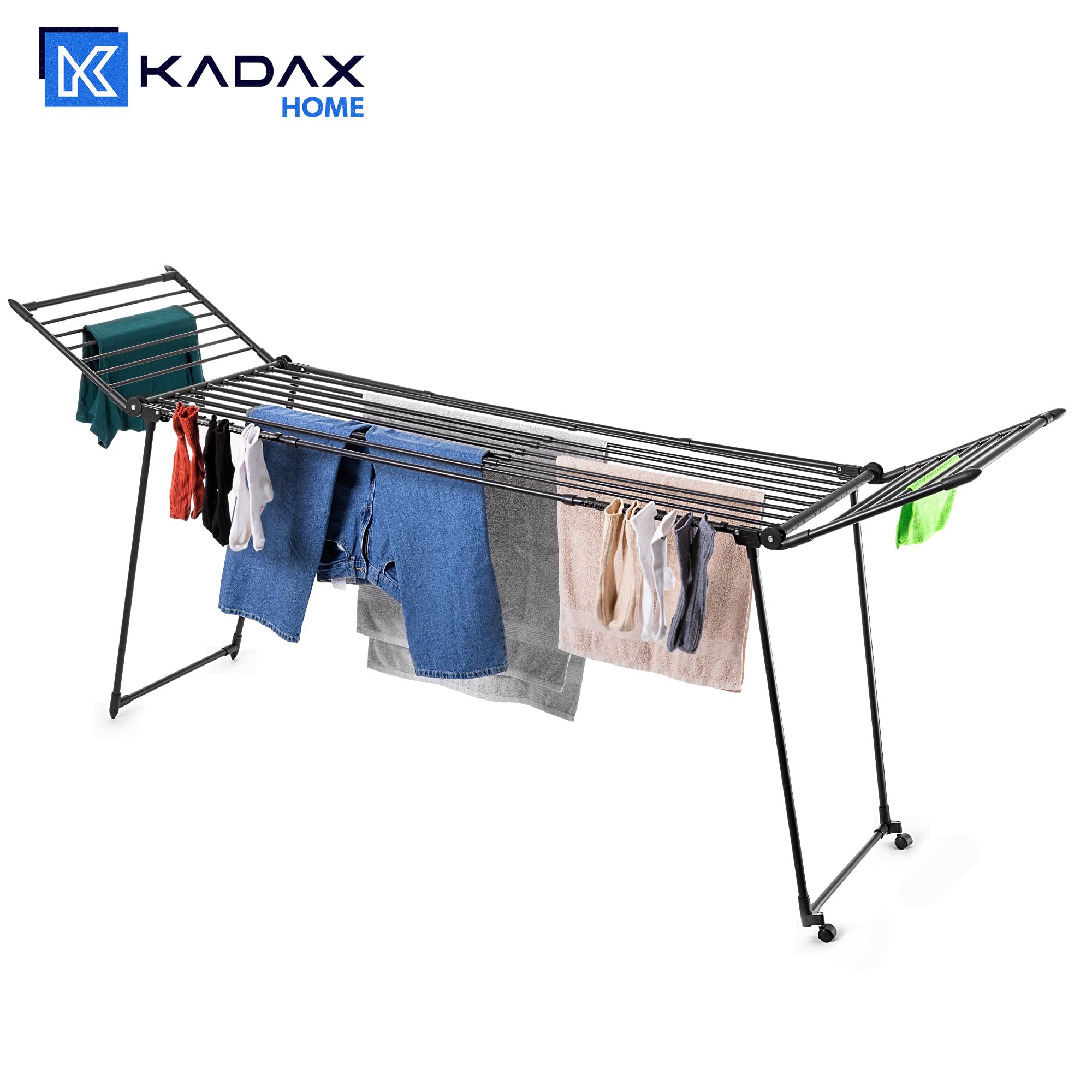 KADAX Tendedero extensible, 257x60x99 cm, secador de pie con gran superficie de secado, secador de ropa plegable, tendedero de alas extensible (Negro)