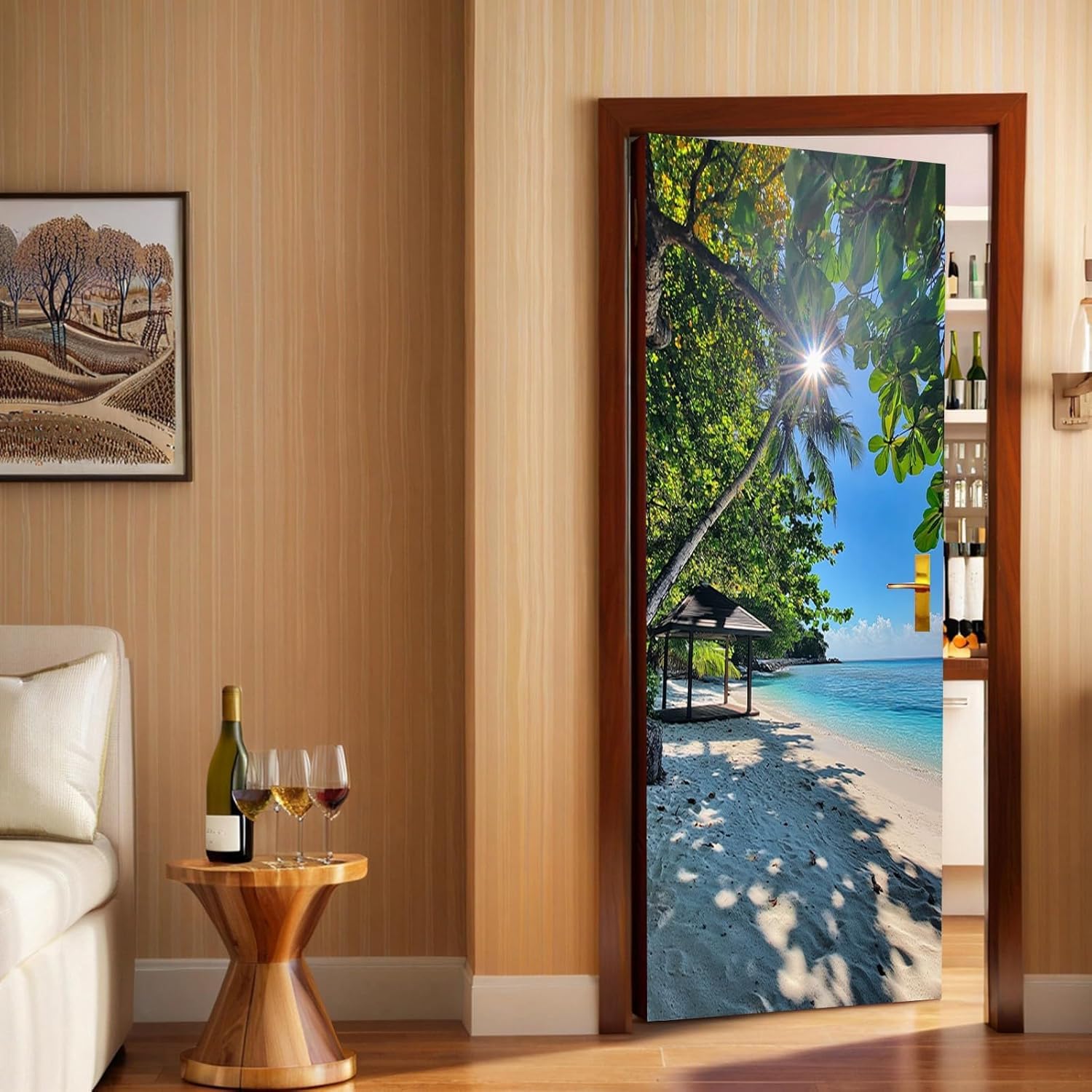 Sticker Porte Plage Tropicale, Stickers Porte Trompe L'oeil Vue sur Océan Autocollant Poster Auto-Adhésif Art Décor Pour Chambre Salon Salle de Bain Papier Peint 95x215 cm 4624n