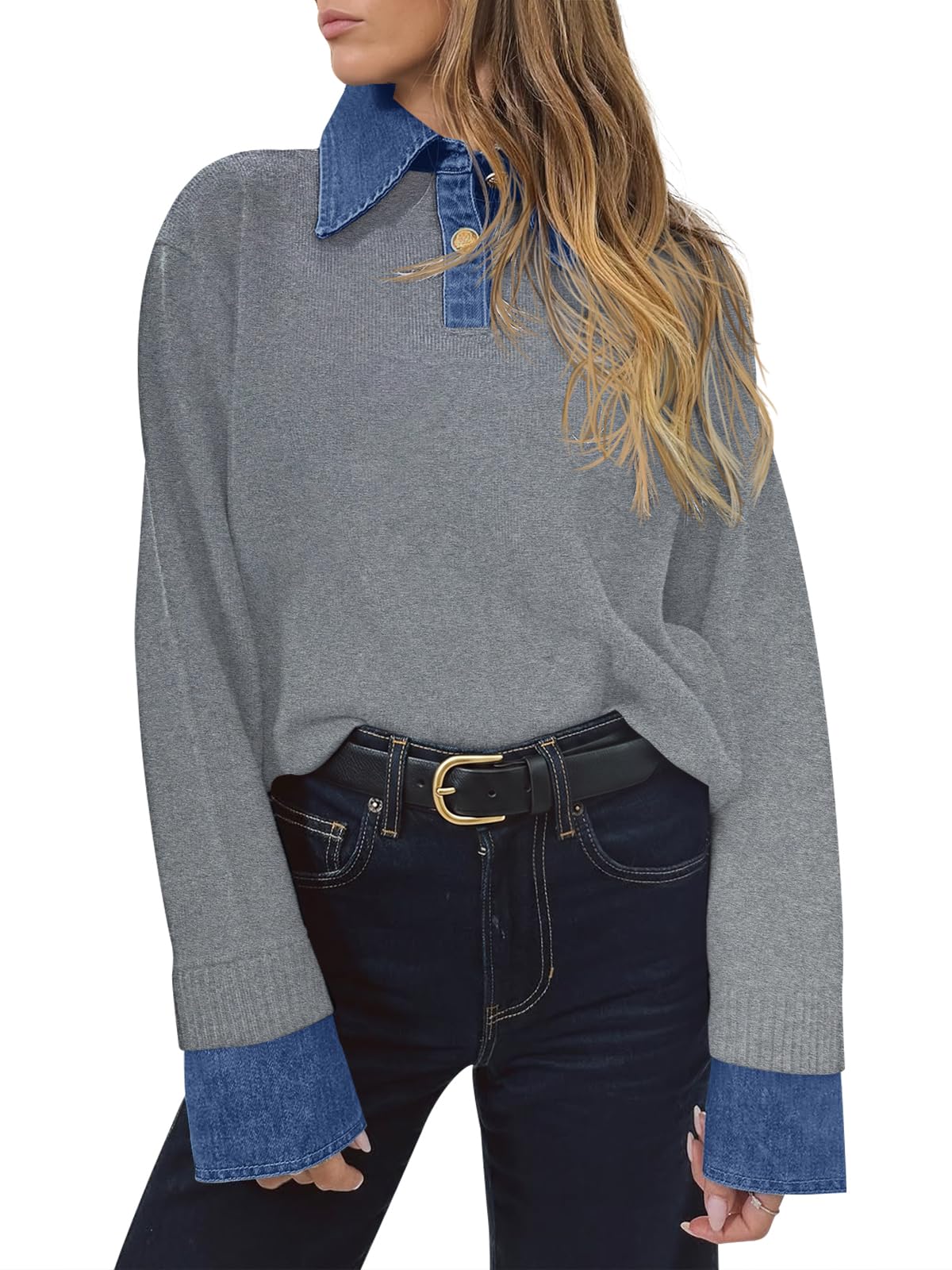Saodimallsu Womens Denim Patchwork Sweaters V Neck Polo Pullover Tops