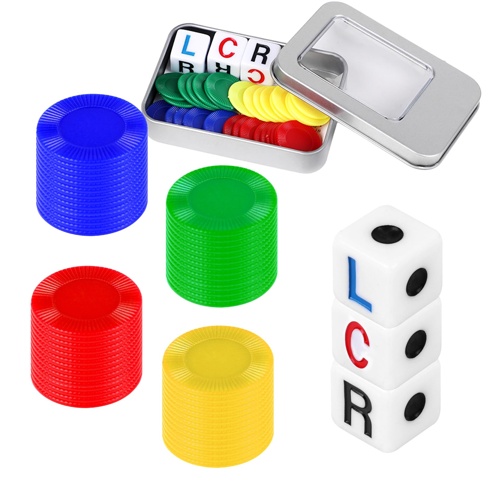 FINGOOO Left Right Centre Dice Game, 40 Chips in 4 Colours and 3 Cubes, Classic Rolling Games Kit Family Camping Party Game Night