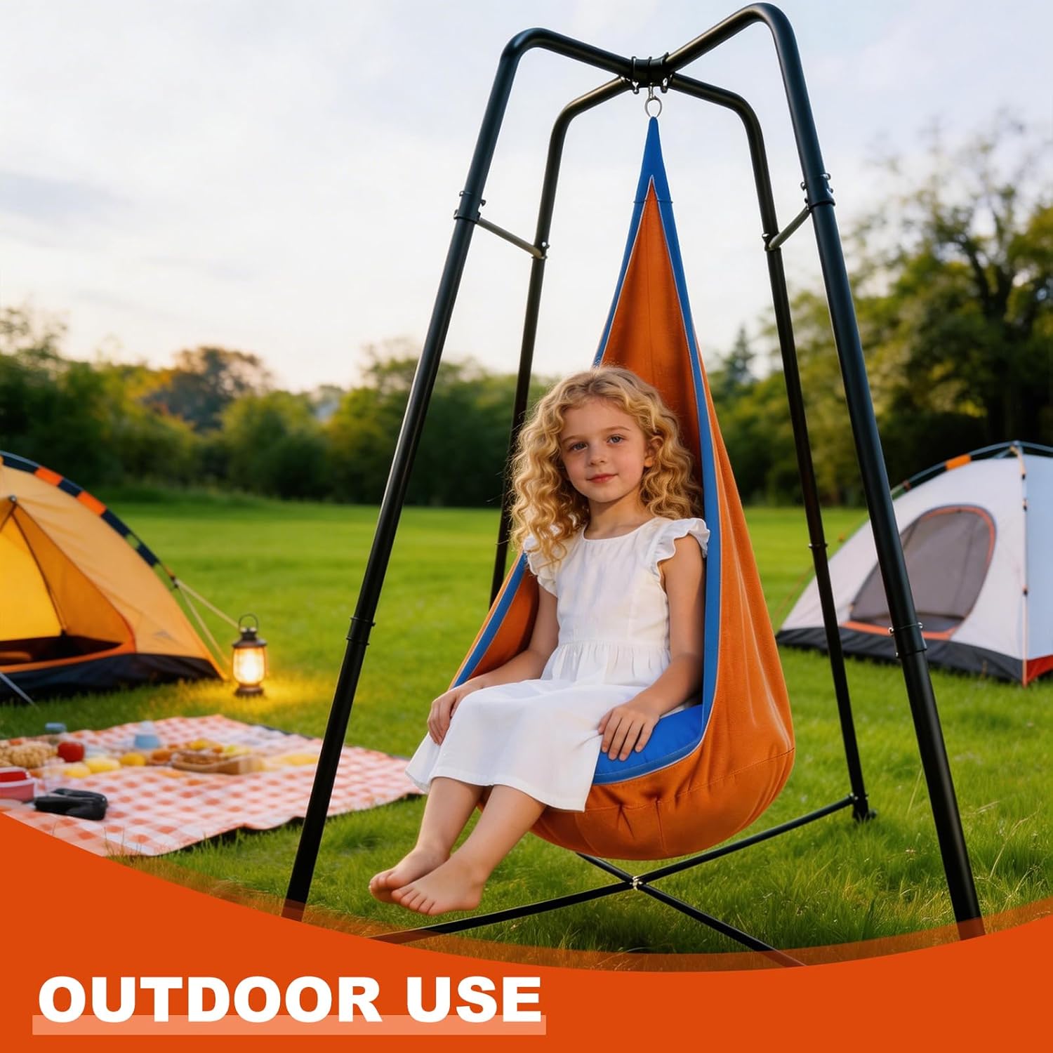 Sensory Swing Set with Stand for Kids – Heavy Duty 4-Leg Metal Frame, Upgraded Sleeve-Joint Structure, Extra Cross Bars, Double-Layer Soft Nylon Pod & Hammock Swing for Indoor Outdoor Use