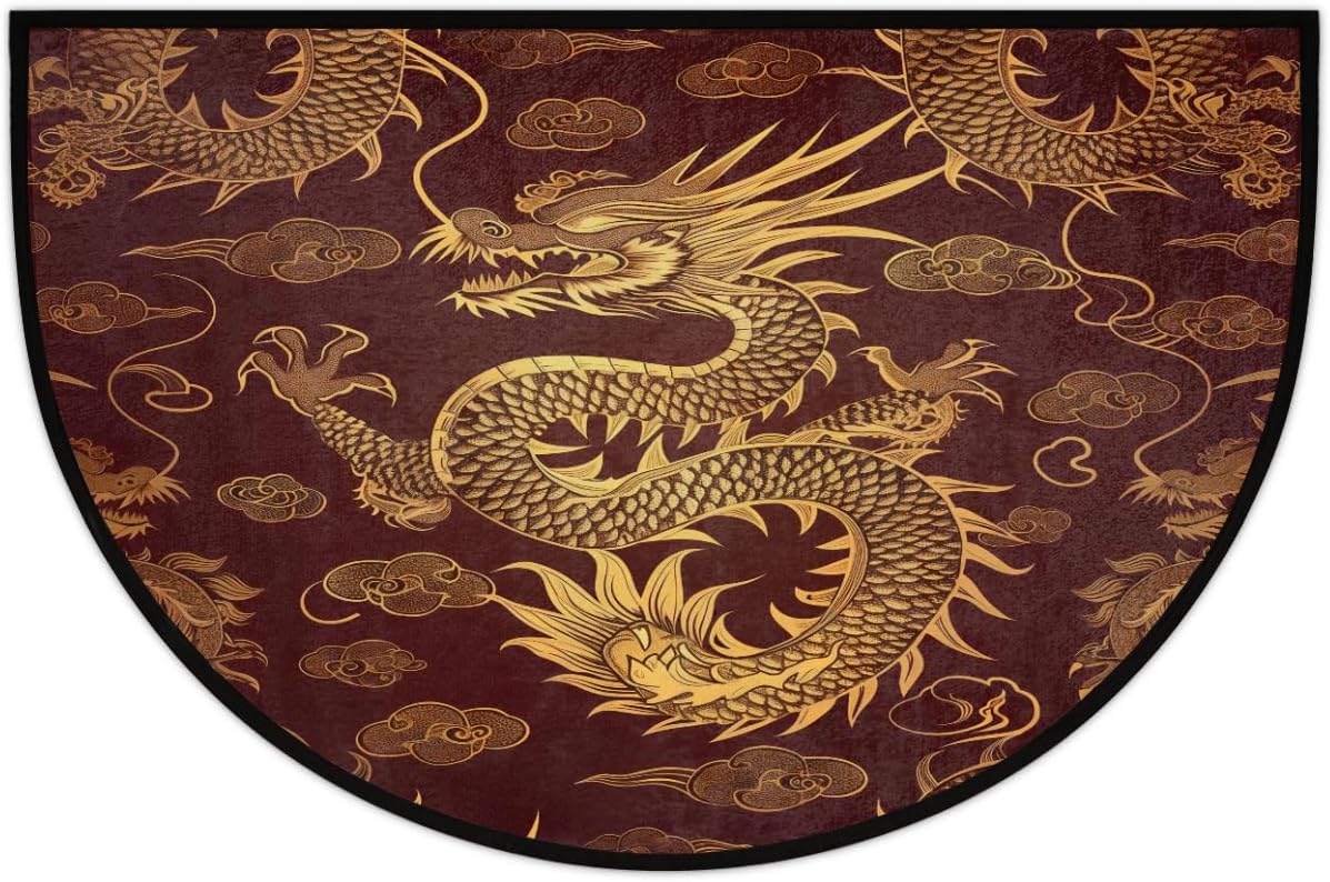 Half Round Door Mat Chinese Dragon Animal Non Slip Semi Circle Doormat, Indoor Low Profile Front Door Mat for Outdoor Patio Porch Kitchen Bathroom Entryway Floor Mat