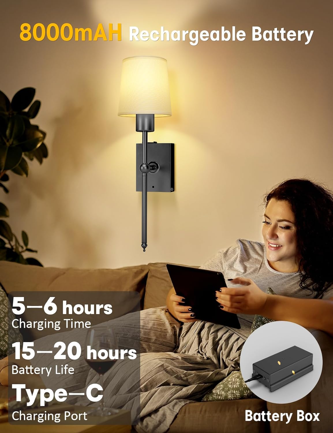 TOOWELL Battery Operated Wall Sconce Set of 2: Black Rechargeable Wall Lights Fixtures 8000mAh Dimmable LED with Remote Wireless Wall Lamps Timer for Home Bedroom Hallway Bathroom Living Room Decor