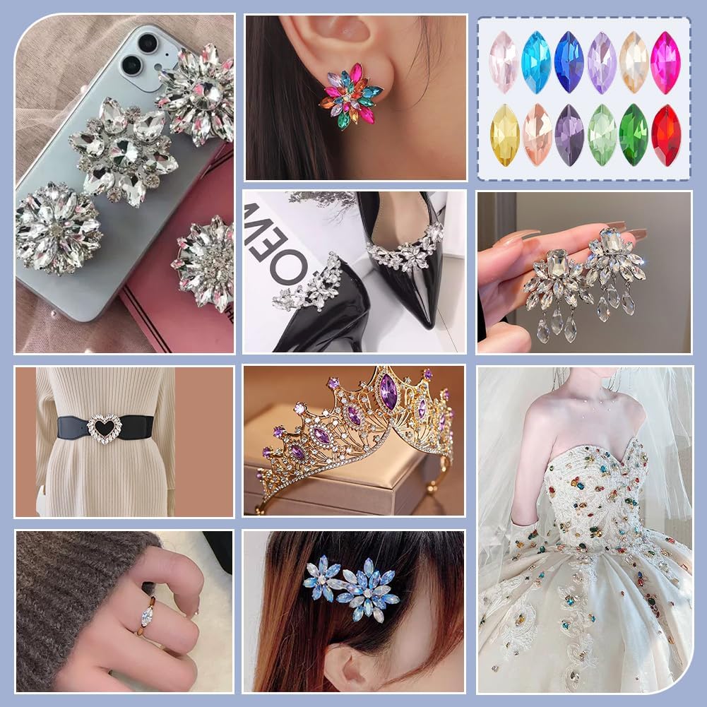 PH PandaHall 192pcs Pointed Back Rhinestones 12 Color Horse Eye Crystal Rhinestones Faceted Glass Rhinestone Glitter Gems Embelishments for Jewelry Wedding Bridal Decoration Christmas Craft, 15x7mm - Image 5