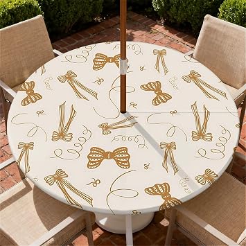 Outdoor Tablecloth with Umbrella Hole 48in Round Fitted Tablecloth with Elastic Zippered Waterproof Wipeable for Party Picnic Dinner Farmhouse Tabletop Decor - Fall Bows