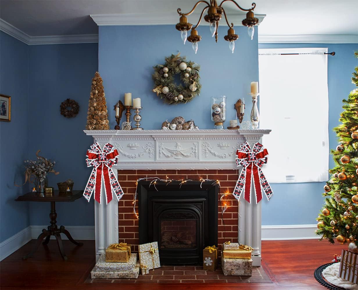 Large Red Velvet Snowflake Christmas Bow for Wreath - Black Red Buffalo Plaid for Front Door Indoor Outdoor Wall Decoration - Winter Holiday Decor Supplies Ornament - Image 5
