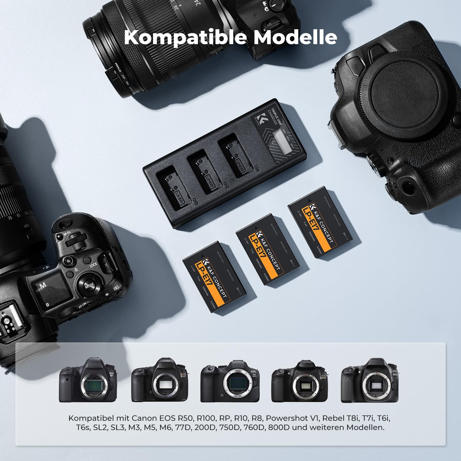 K&F CONCEPT 3er-Pack LP-E17 1250mAh Akku und Verbessertes 3-Schacht LCD Ladegerät,Kompatibel mit Canon EOS RP, EOS R10, EOS R8, EOS R50, Rebel T8i,T7i,T6i,SL2, SL3, EOS 77D, EOS 750D Powershot V1