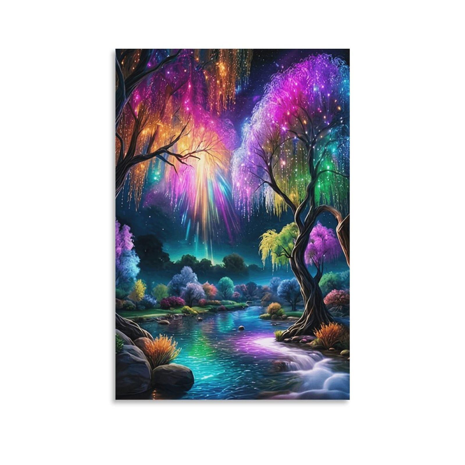 XPASHIQWC Forest Stream Wall Decor Poster Glowing Willows Canvas Prints Picture Modern Canvas Wall Art Picture Wall Hanging for Dining Room Kitchen Home Office Decor 20x30inch(50x75cm)
