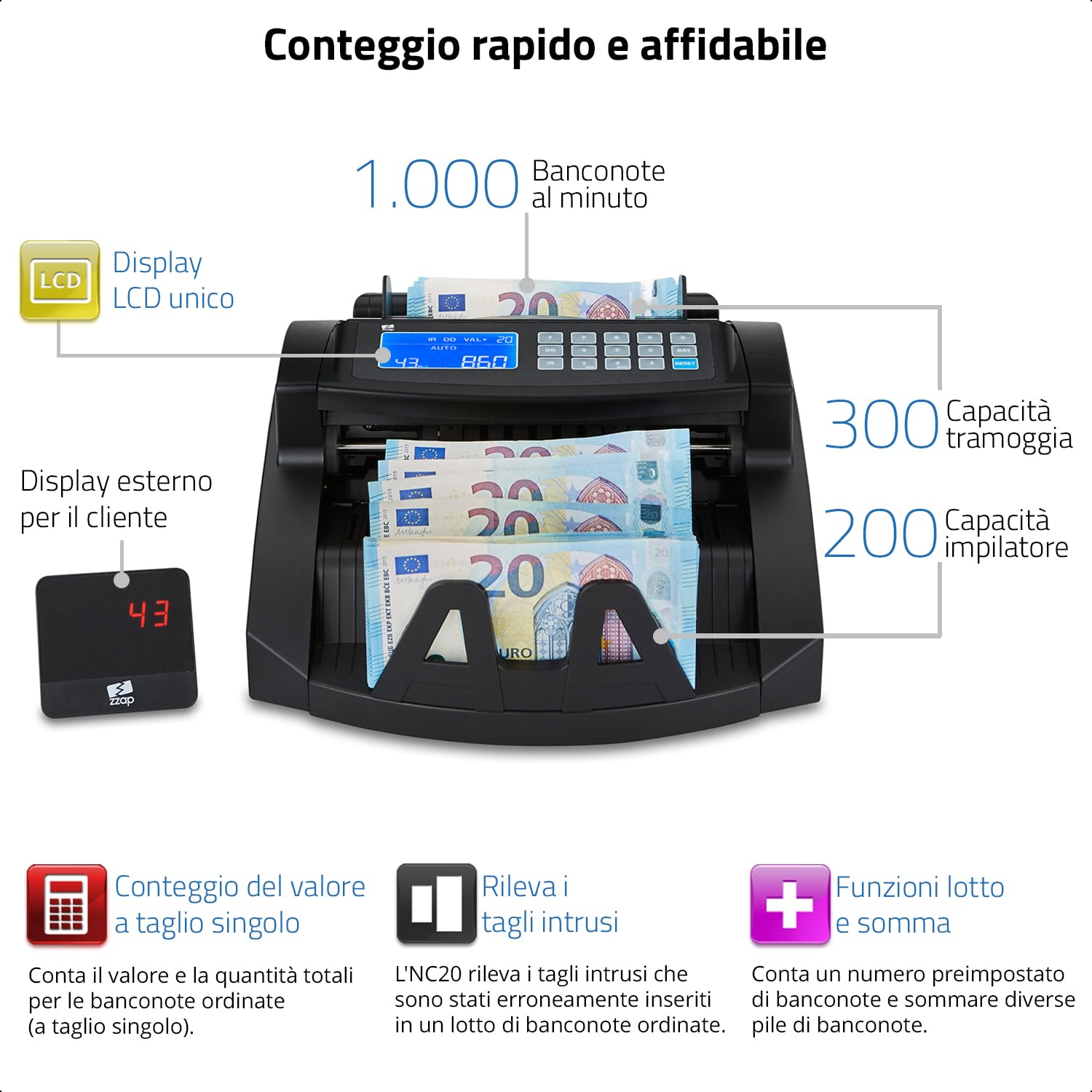 ZZap NC20 Contabanconote - Conta 1.000 banconote al minuto, Conteggio in lotti, conta tutte le valute del mondo e altro ancora!