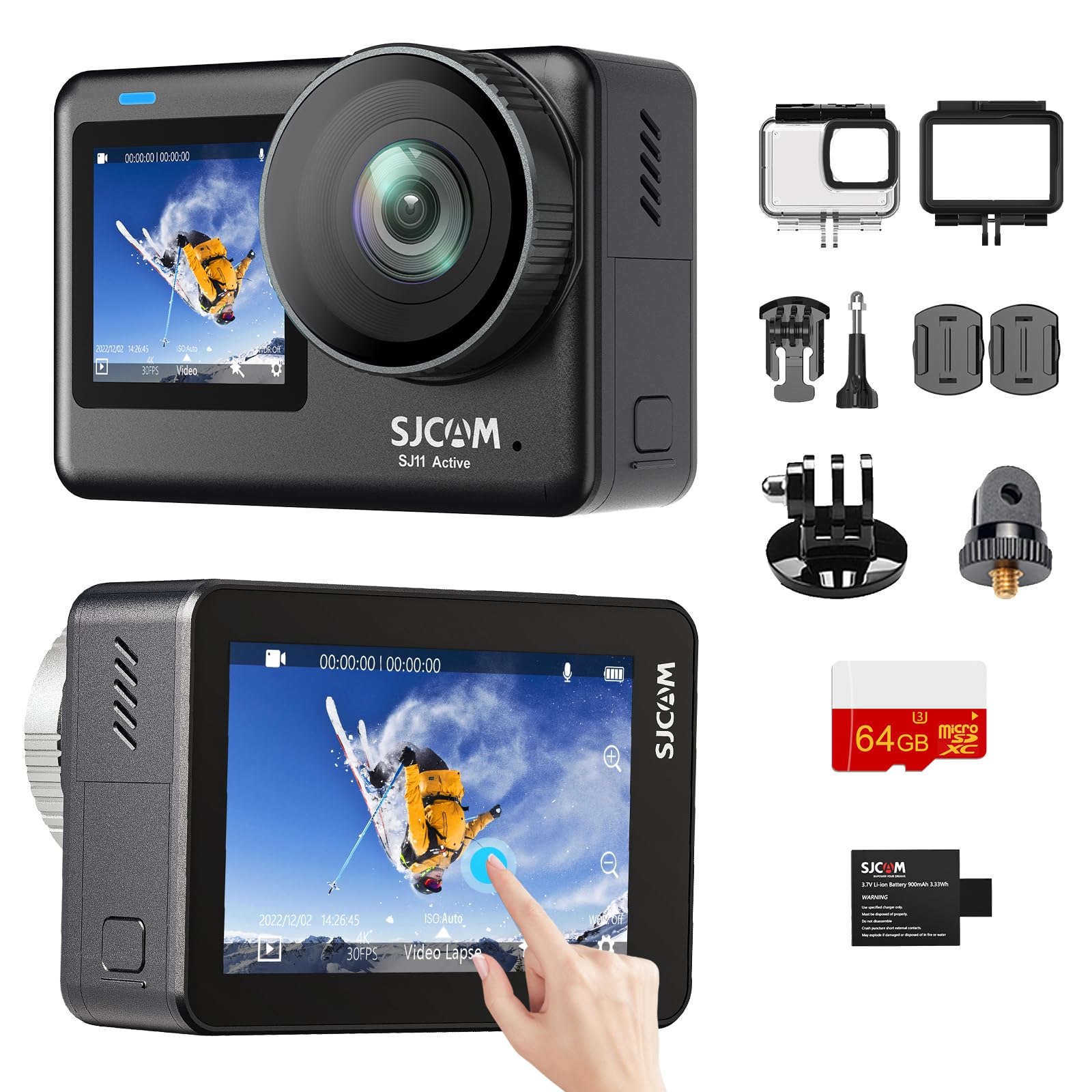 SJCAM SJ11 4K30FPS Action Cam, 2.4G/5G WiFi Telecamera Supporto Telecomando,2.33'' Schermo tattile 154° FOV con stabilizzazione 6-aixs, Corpo 5M impermeabile fotocamera subacquea con 64G SD Card