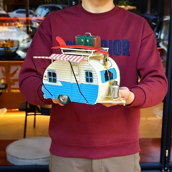 Travel Car Model Camper Van Trailer RV Motorhome Iron Vehicles Campsite Retro Industrial Steampunk Cute Diecast Decor Present Surprise for Boyfriend Caraholic Travelogue Adventurers Man