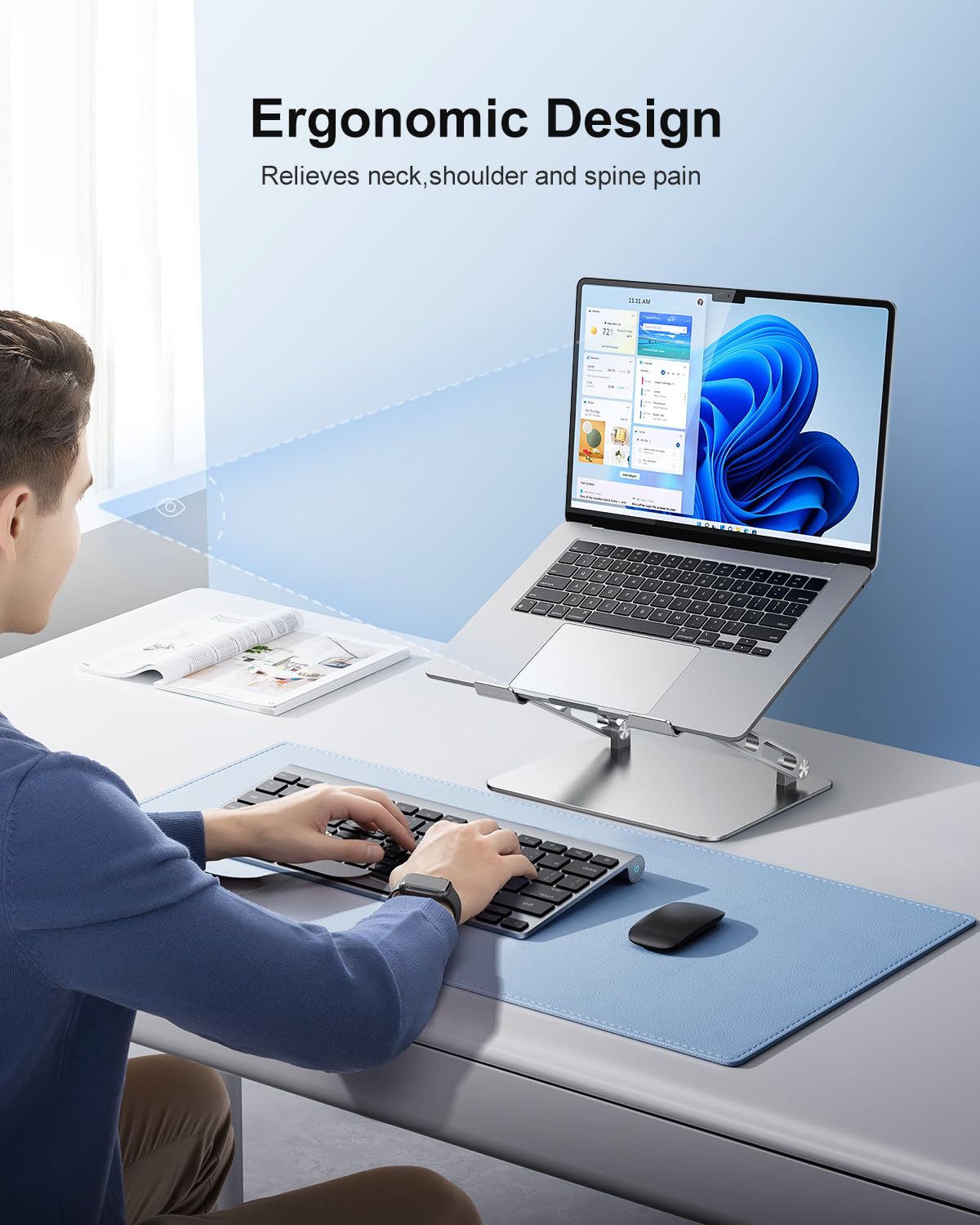 JOIOT Supporto regolabile per computer portatile, ergonomico, in alluminio, per scrivania, portatile, compatibile con computer portatili e tablet da 10 a 17,3 pollici, argento