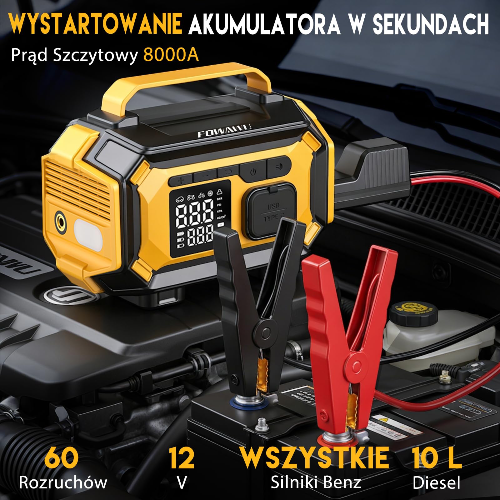 FOWAWU Rozrusznik Awaryjny, 8000A Booster Powerbank | wszystkie benzyna, diesel do 10L, kompresor 150PSI, 4 końcówki, 3 tryby LED, powerbank – idealne na podróże i zimowe rozruchy