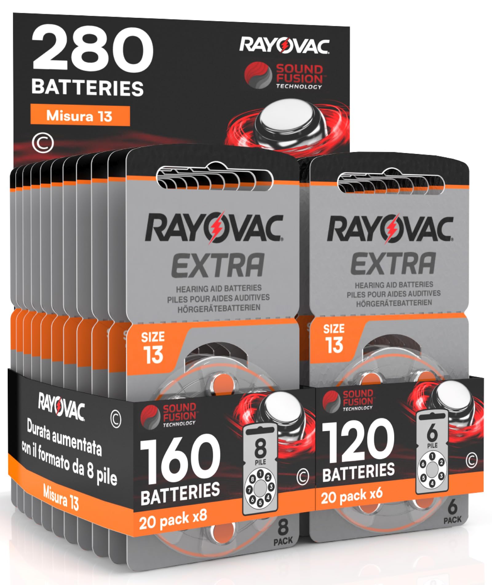 280 Batterie Per Apparecchi Acustici Rayovac Extra 13. - 20 Blister da 8 e 20 Blister da 6 Pile