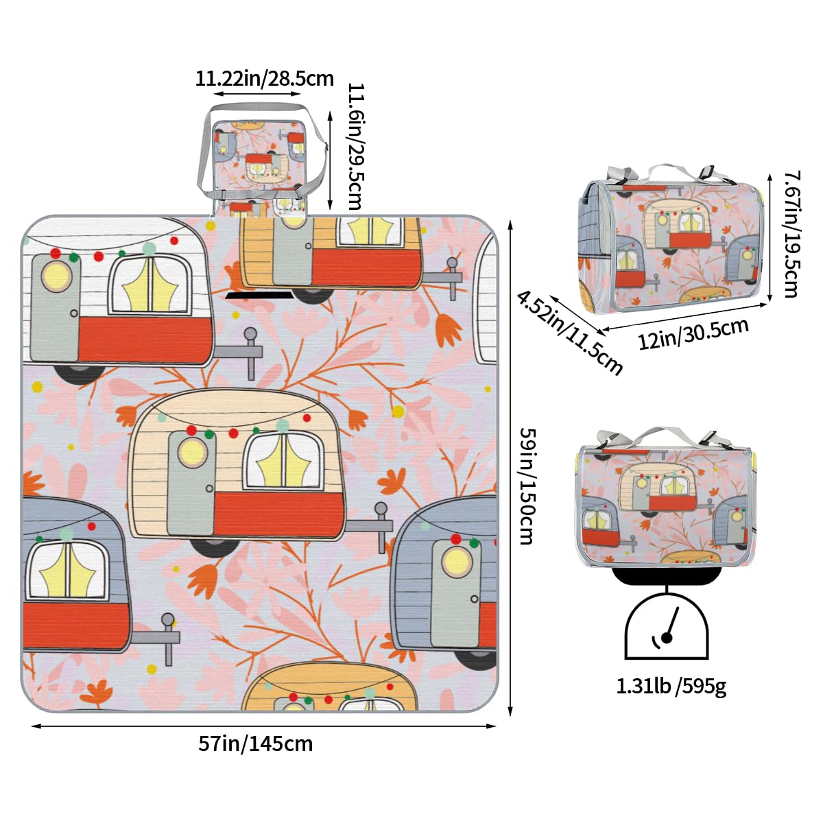 Shimoshe Picnic Blankets 57”x 59”, Colorful Camping Patterns Waterproof Sandproof Picnic Mat Lightweight Foldable Beach Blanket for Camping Park Grass Beach Outdoor Blanket