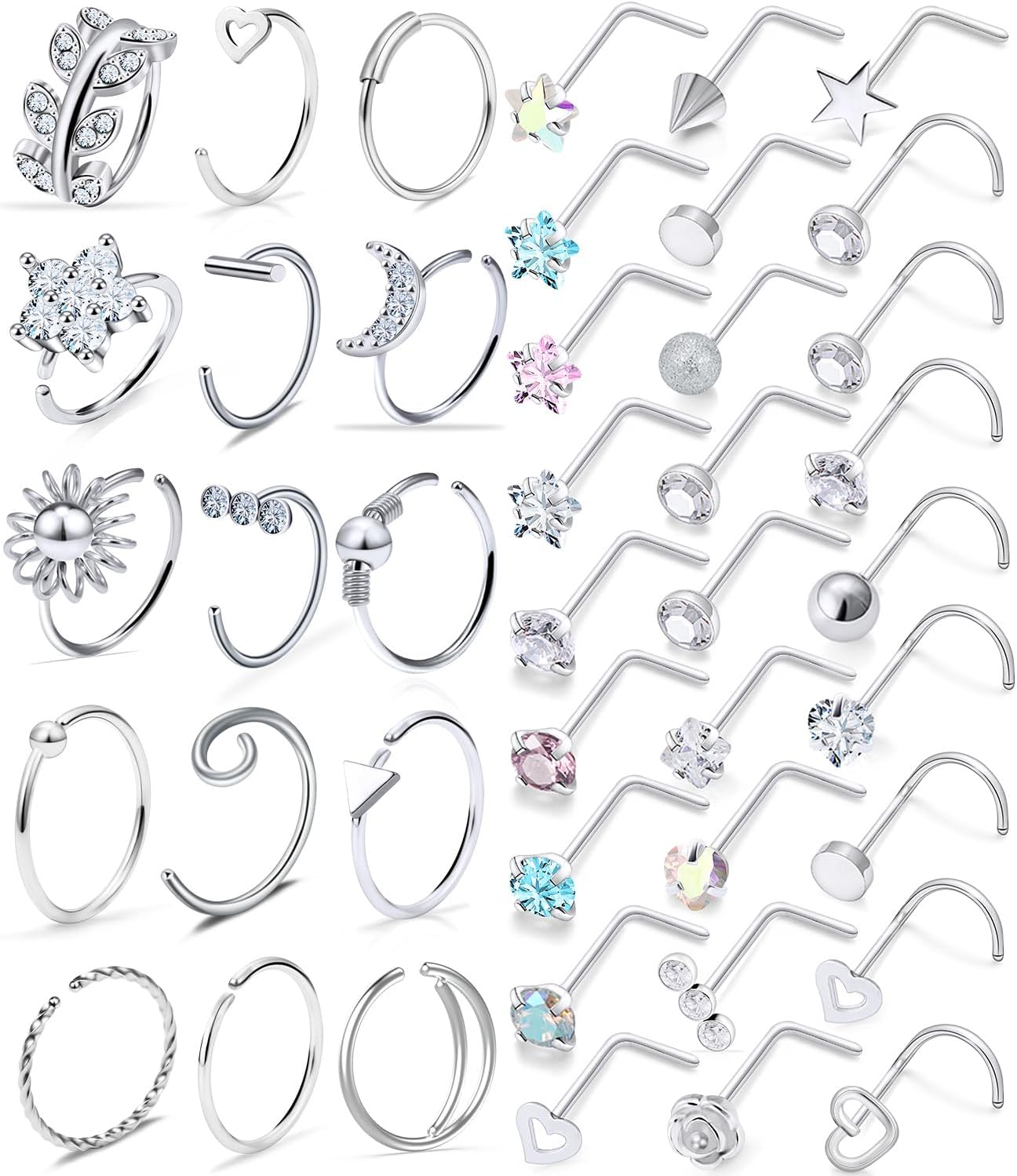 Kridzisw 18G 20G Nose Rings Studs Hypoallergenic 316L Surgical Steel L Shaped Screw Nose Rings Hoops Silver Heart Star Diamond Nose Piercing Jewelry for Women Men 42pcs