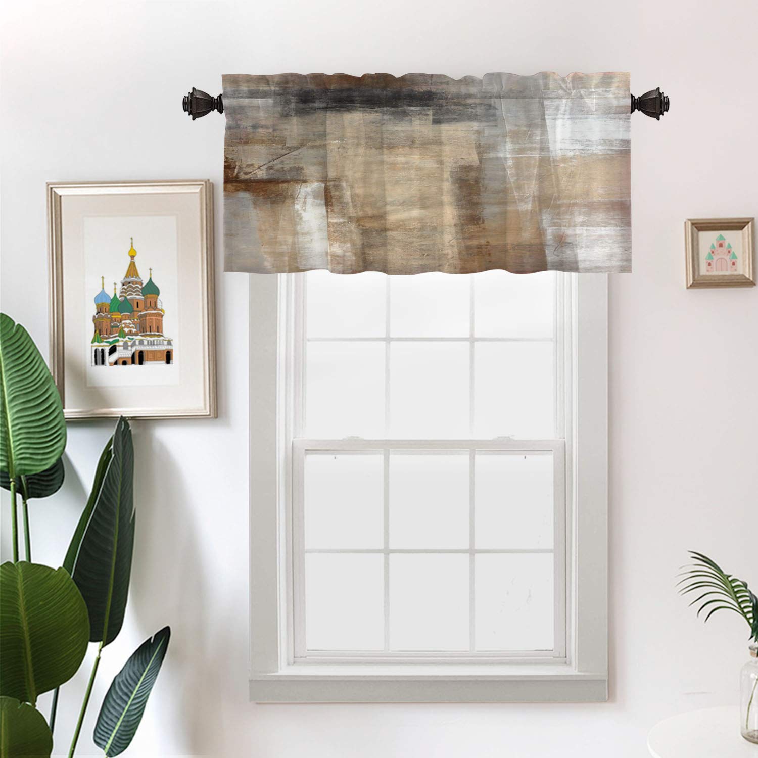 BatmerryBrown Beige Abstract Art Kitchen Valances Half Window Curtain, Brown Art Abstract Acrylic Painting Kitchen Valances for Windows Heat Insulated Valance for Decor Reducing The Light 52x18 Inch