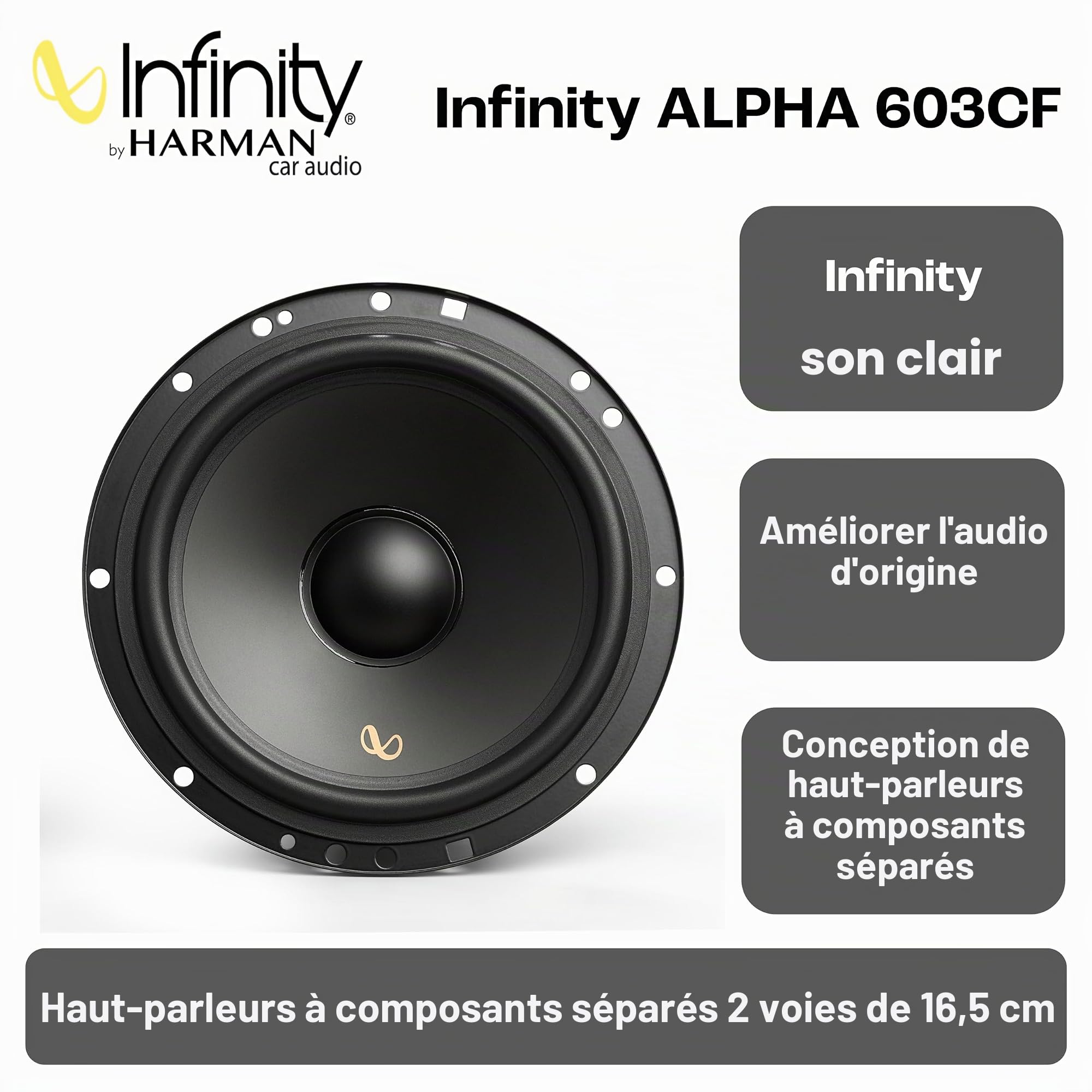 Infinity Alpha 603CF 6.5 in / 16.5 cm Haut-Parleur Composant Voiture | 90 W RMS / 720 W max, 90 dB, 4 Ohm, 60 Hz-20 kHz - tweeter PEI edge-driven - woofer Plus One polypropylène - kit composant