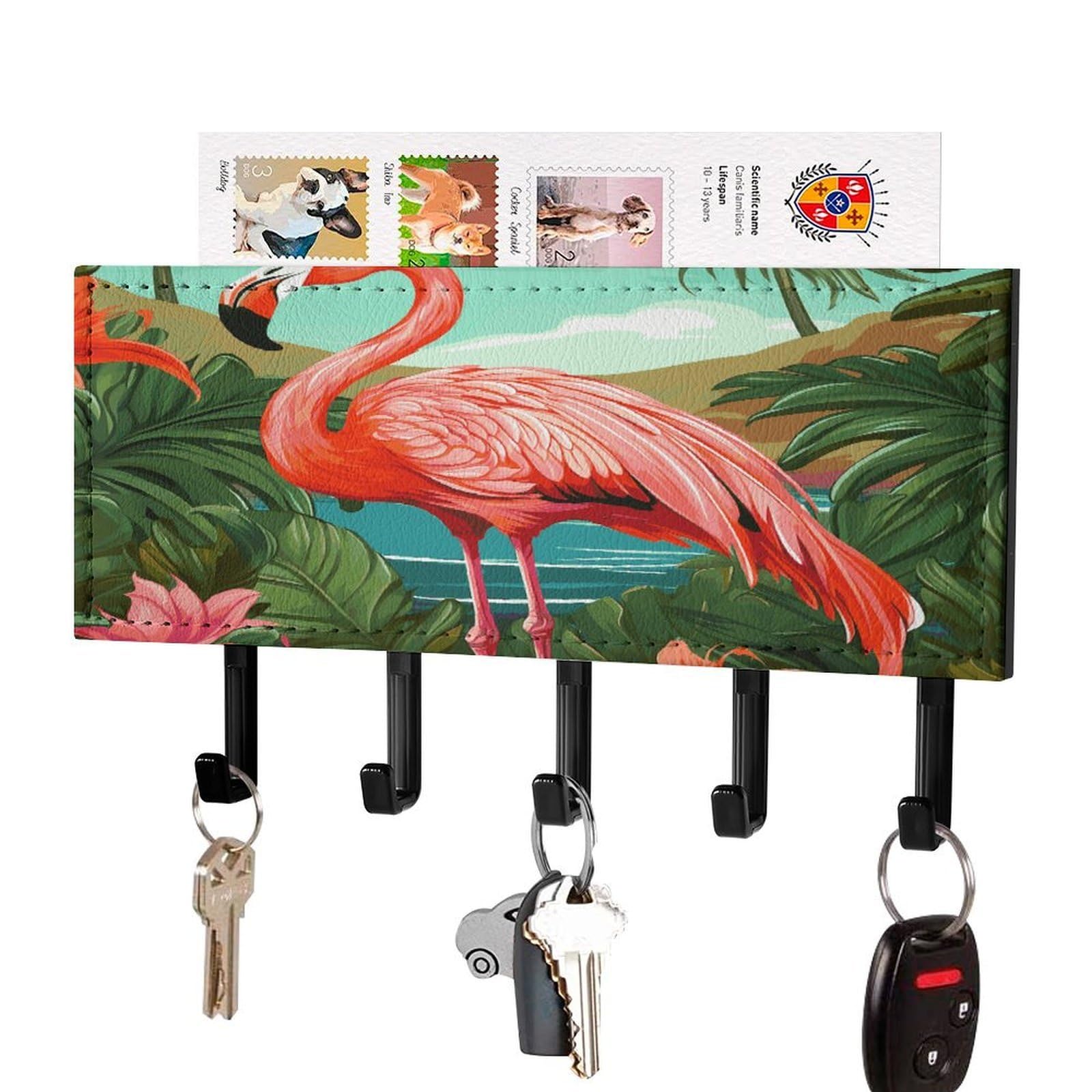 LDGSUPH Tropical Flamingo Key Holder Wall Mount Key Hanger with 5 Hooks Fashion Key Organizer Rack Hanging Key Hooks with Mail Organizer Key Rack for Home Entryway Hallway Black-Style