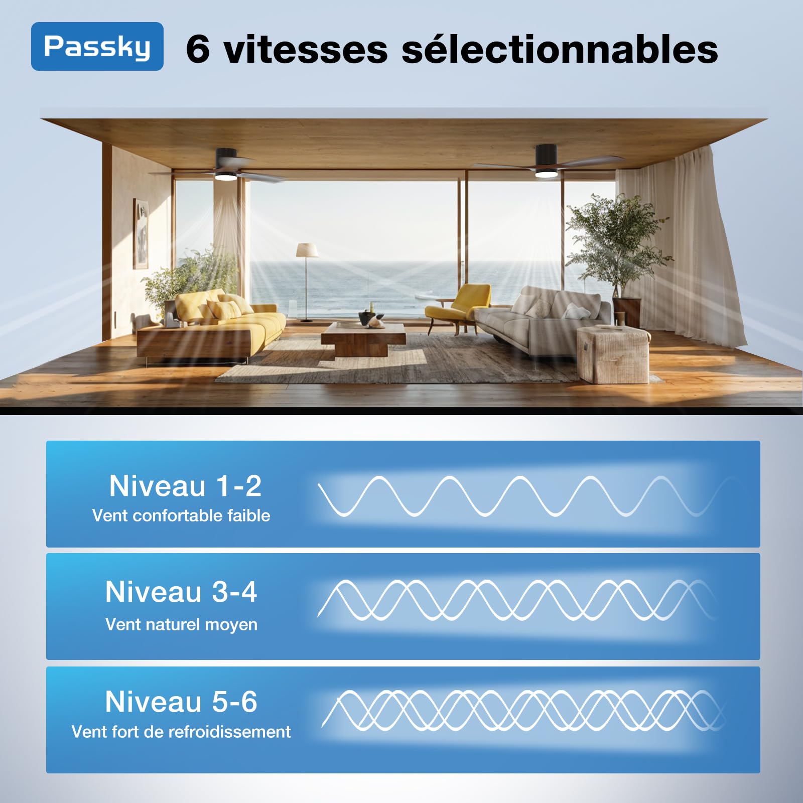 Ventilateur de plafond Passky avec éclairage et télécommande, moteur DC silencieux, 132 cm, 3 pales, noir