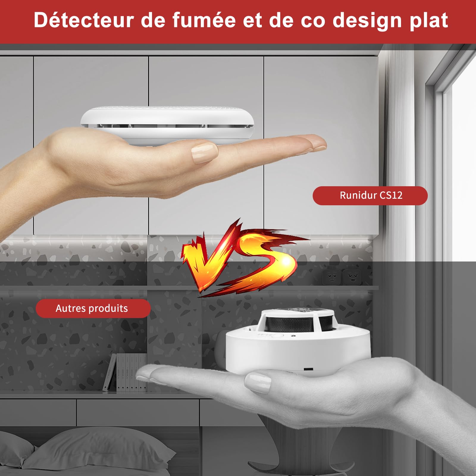 RUNIDUR Détecteur de Fumée et de CO Combiné, Détecteur de Fumée Monoxyde de Carbone Autonome, Capteur Précis avec Batterie de 10 Ans, Bouton de Test, 1 Pièce