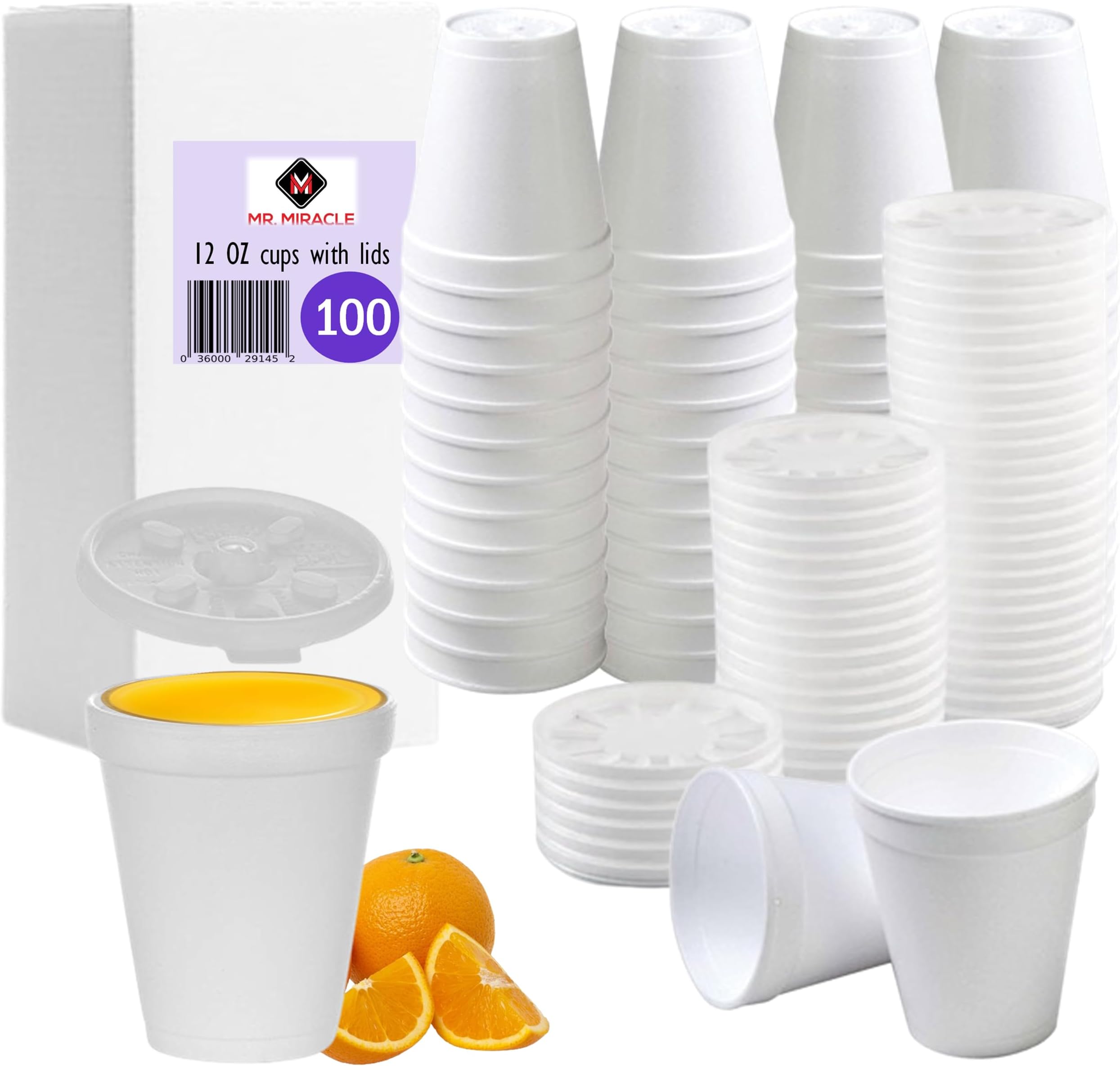 Mr Miracle 12 OZ Foam Cups for Hot & Cold Drinks, USA-Made 100-Pack - Ideal foam Coffee Cups, Insulating To-Go Cups for Soda, Tea, Juice - Sturdy, Disposable & comparable to Industry standard 12J12