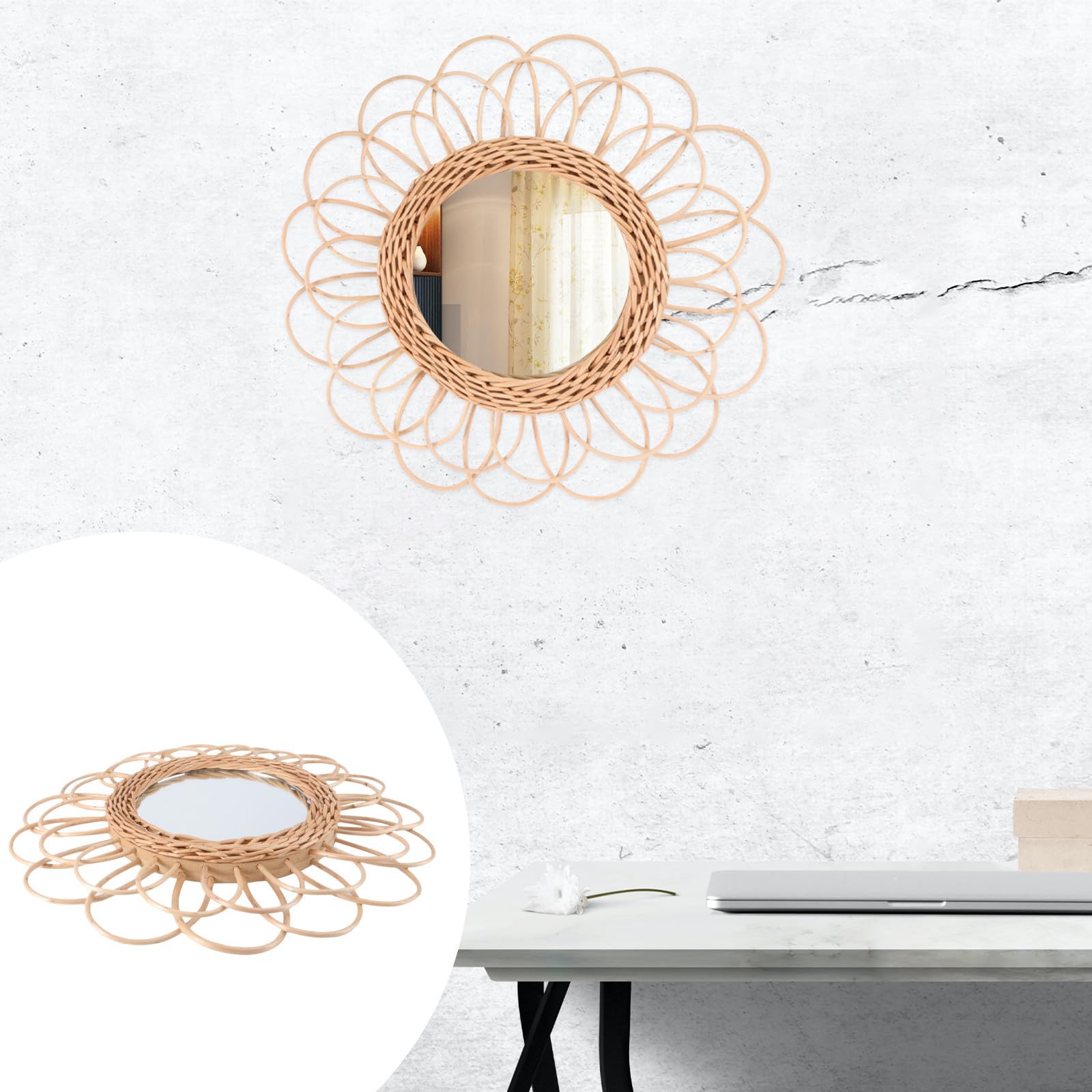 SHINEOFI Specchio da Parete Intrecciato in Legno Khaki Rotondo, Pratico e Minimalista, per Camera da Letto e Soggiorno