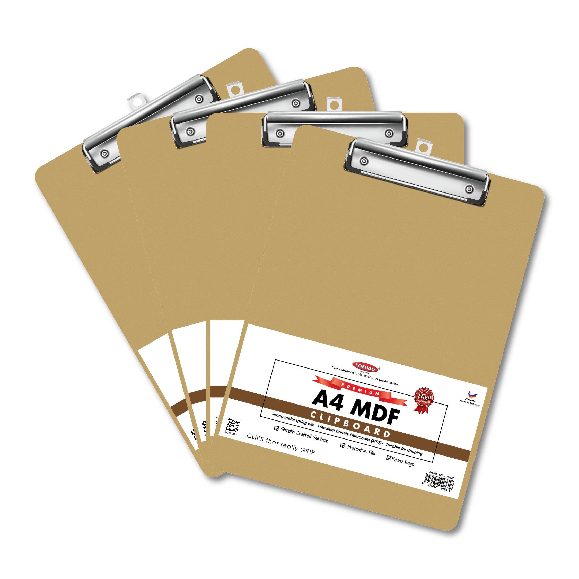 Yosogo A4 MDF Clipboards, Pack of 4 Durable Hardboard Clipboards with Low Profile Metal Clip