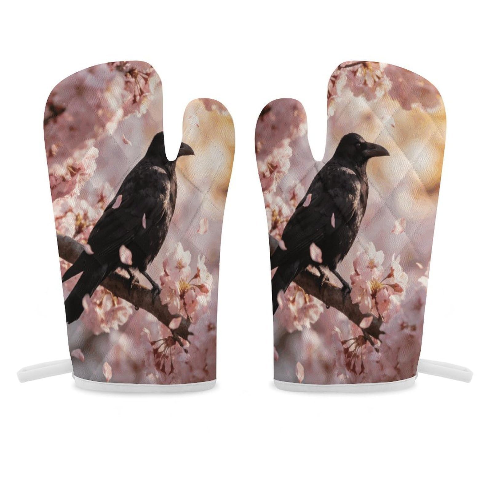 Crow Cherry Blossom Oven Mitt Heat Resistant Potholder Set,Durable Oven Gloves for Gifts,Glove Pot Holder for Cooking Baking Grilling BBQ