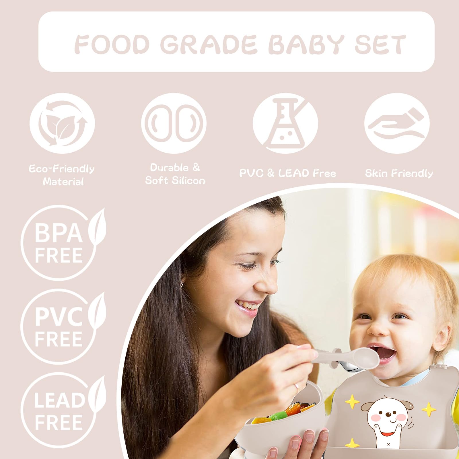 Coffret Repas Bebe 12 pièces, Vaisselle Antiderapant pour Bébé Set Silicone avec Ventouse Assiette Bol Fourche Cuillère Bavoir et Tasse, Assiette Enfant Set, Sans BPA (Beige)