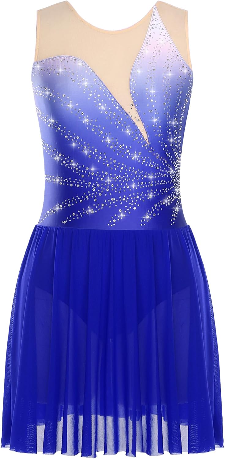 JanJean Adult Women Sparkly Rhinestone Figure Skating Dress Contemporary Dancewear for Modern Ballet