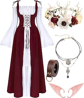 Renaissance Dresses Medieval Costume for Women Flower Crown Elf Ear Choker Necklace Leather Belt