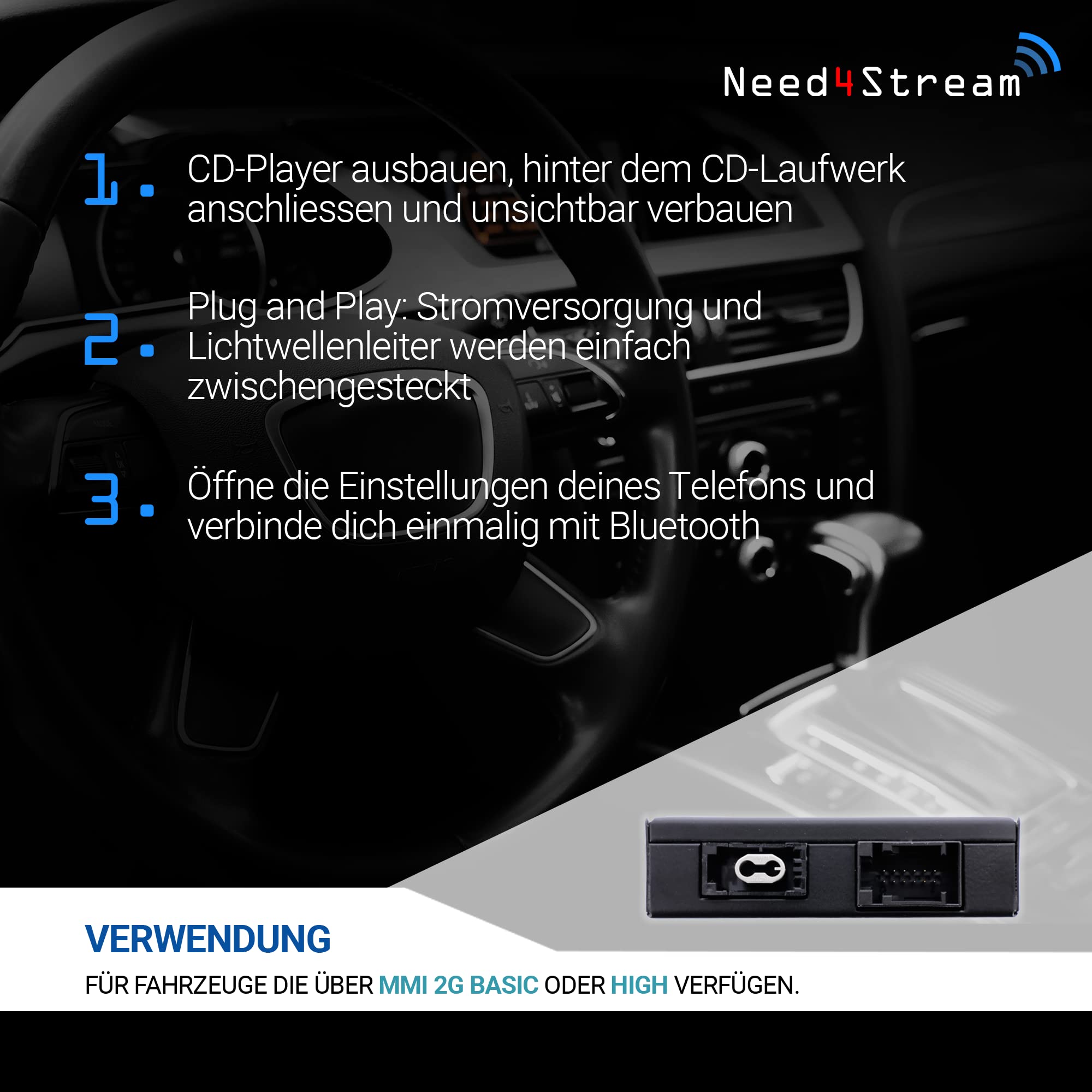 N4S73614 A2DP Bluetooth Audio Interface mit Titelanzeige für MMI 2G, kompatibel mit Audi A4 8K, A5 8T/8F, A6 4F, Q7 4L, A8 4E, kompatibel mit iPhone, Android und Streamingdiensten